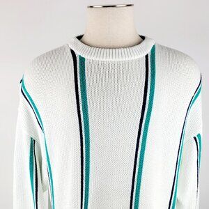 Vintage Eddie Bauer Grandpa Knit Sweater Size Large White Striped 100% Cotton